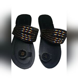 Beaded Leather Handmade Black Sandals
